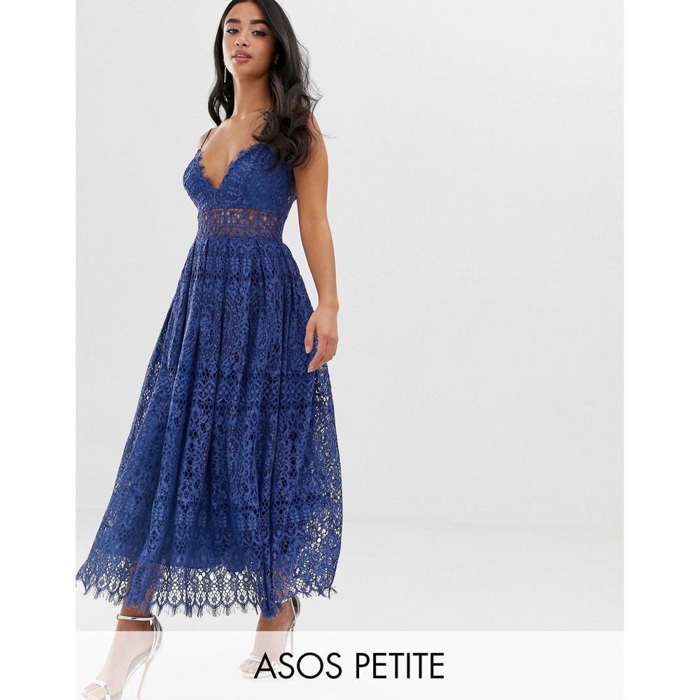 ASOS Petite Premium Lace Cami Midi Dress Blue Floral Eyelash Trim US 4 F100160